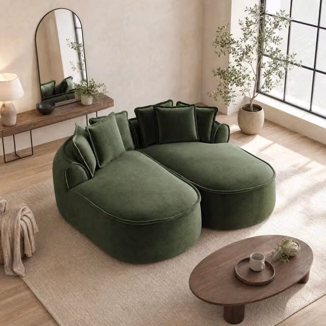 Divano modulare senza struttura in ciniglia verde; trasformabile in divano letto