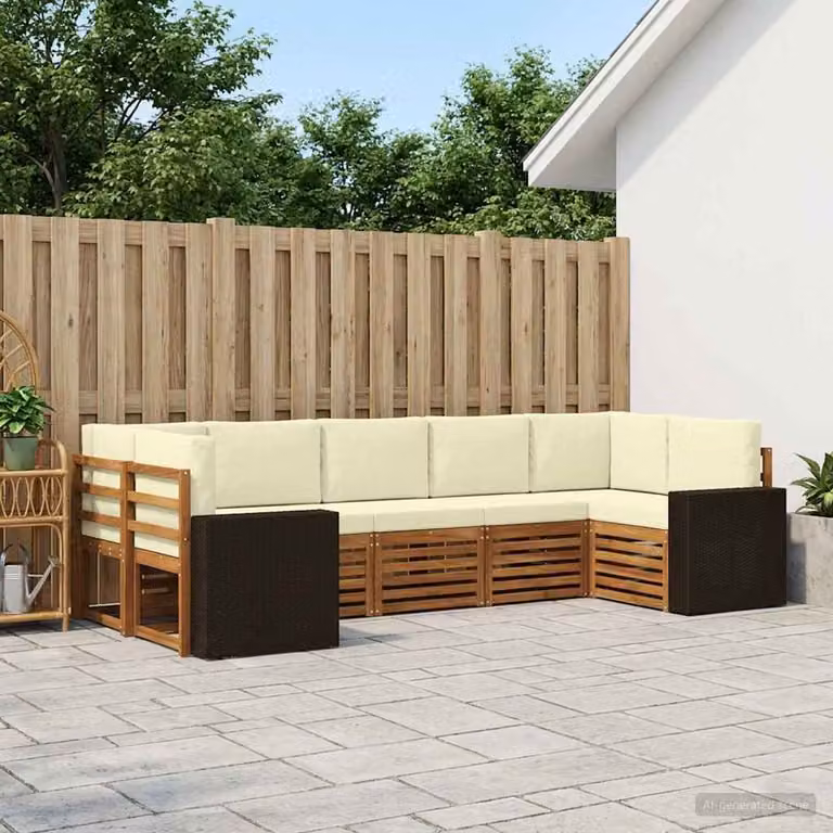 Set di divani da esterno vidaXL a forma di L composto da 7 pezzi in legno di acacia con cuscini in poliestere resistente ai raggi UV, colore beige e marrone