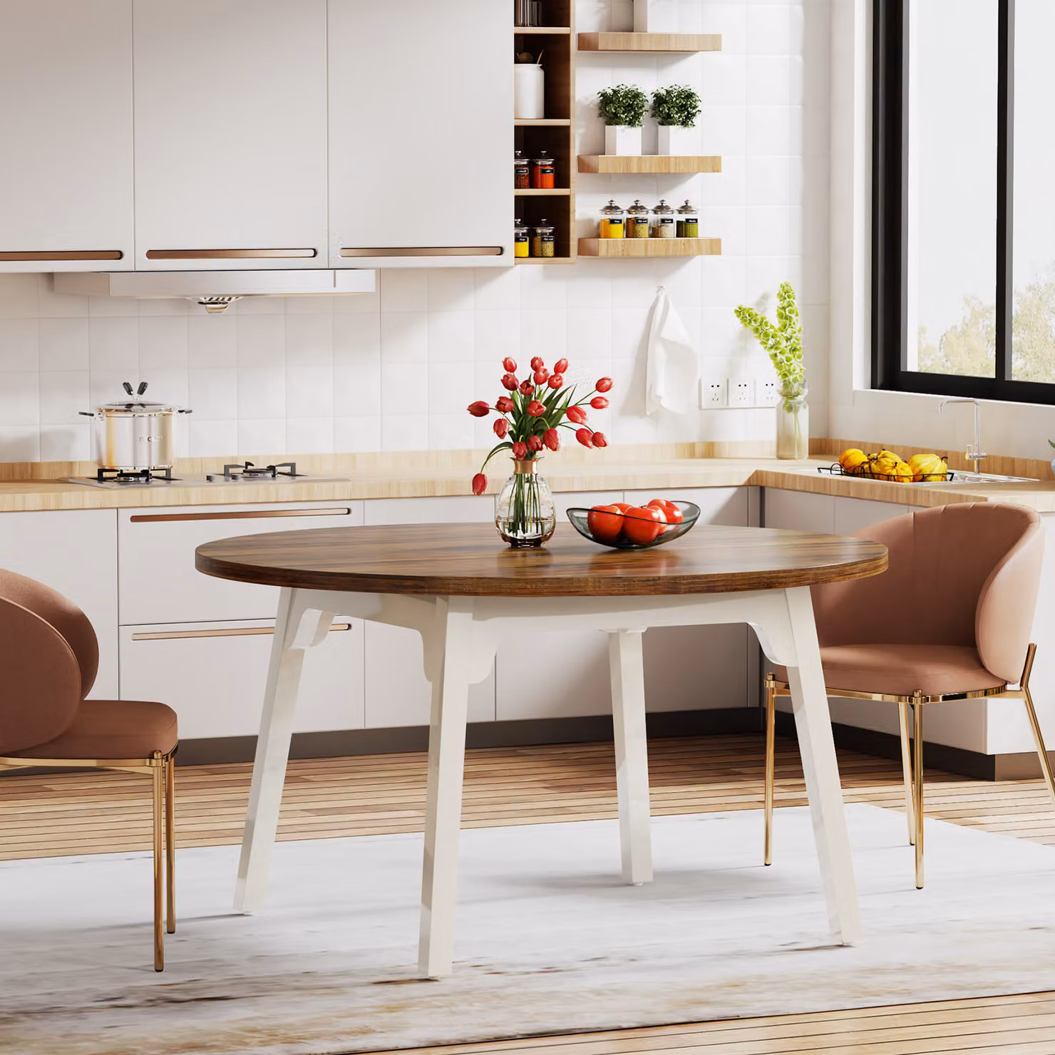 Tribesigns Tavolo da pranzo rotondo per 4-6 persone, 120 x 75 cm, tavolo da pranzo rotondo con gambe in legno massiccio, tavolo moderno in legno per sala da pranzo, casa, marrone e bianco