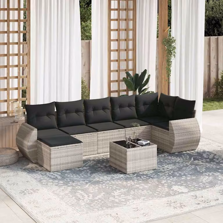 vidaXL Set Divano da Giardino a L 8pz in Polyrattan Grigio con Cuscini e Tavolino