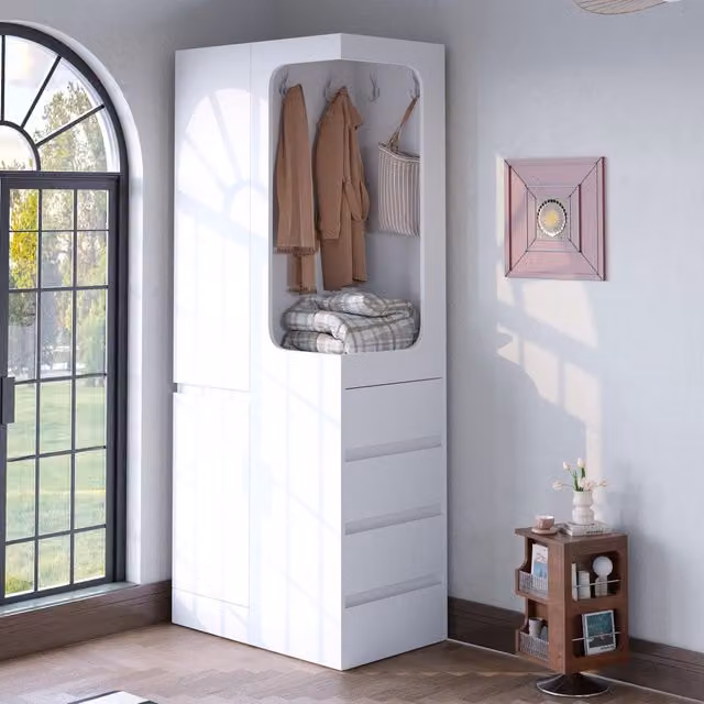 Armadio 70x40x170 cm con 4 cassetti e vano appendiabiti aperto in legno bianco
