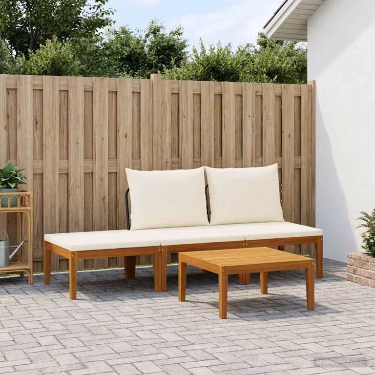 Set da giardino vidaXL in legno di acacia con divano a 2 posti, tavolino da caffè e pouf con cuscini inclusi, colore marrone, beige e bianco