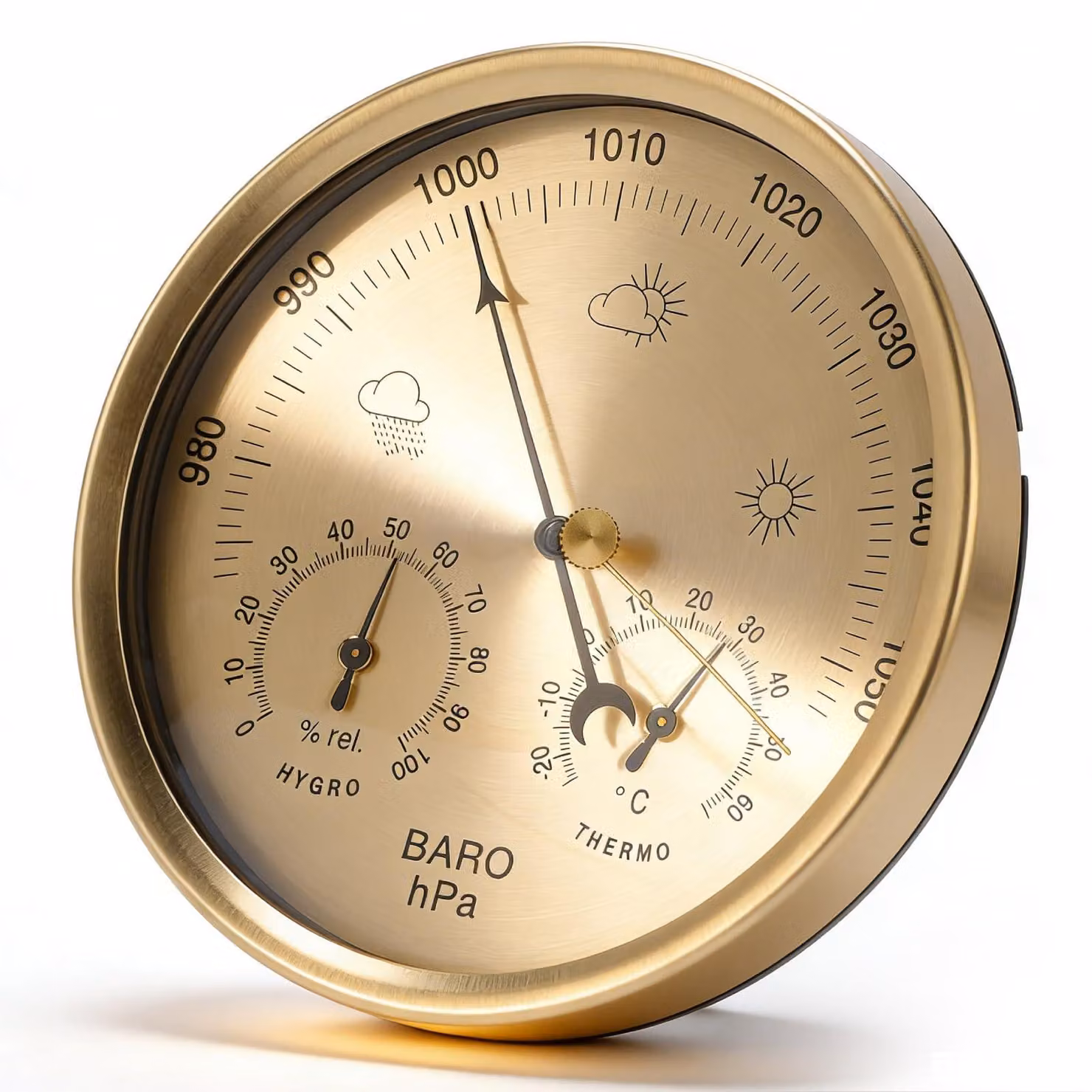 Stazione meteorologica con barometro, igrometro e termometro, diametro 130 mm, quadrante dorato, ideale per l'ufficio domestico