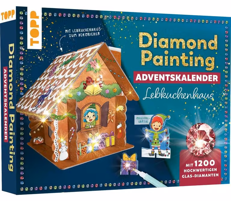 Calendario dell'Avvento Diamond Painting: casetta di pan di zenzero. Con materiali e strumenti