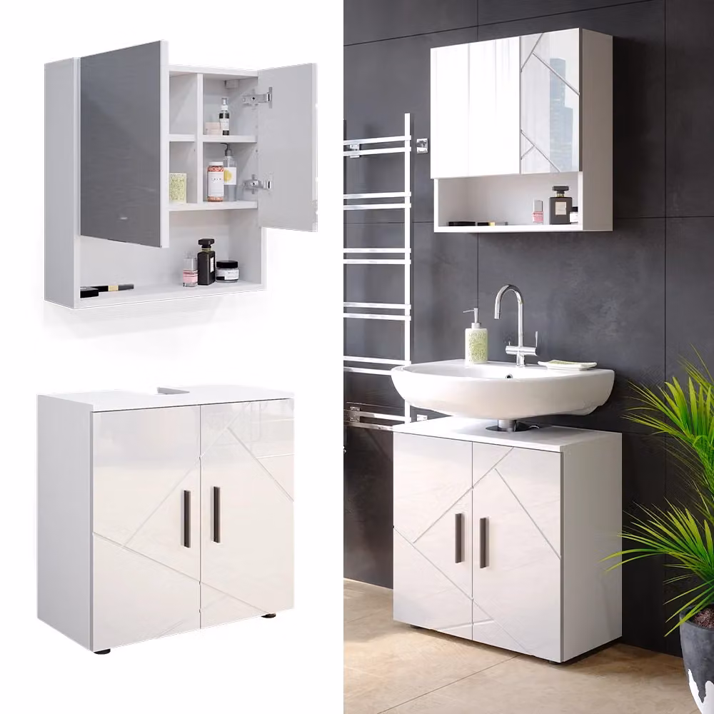 Set mobili bagno Vicco Irma bianco lucido composto da 2 pezzi con mobile lavabo e pensile specchio – 2
