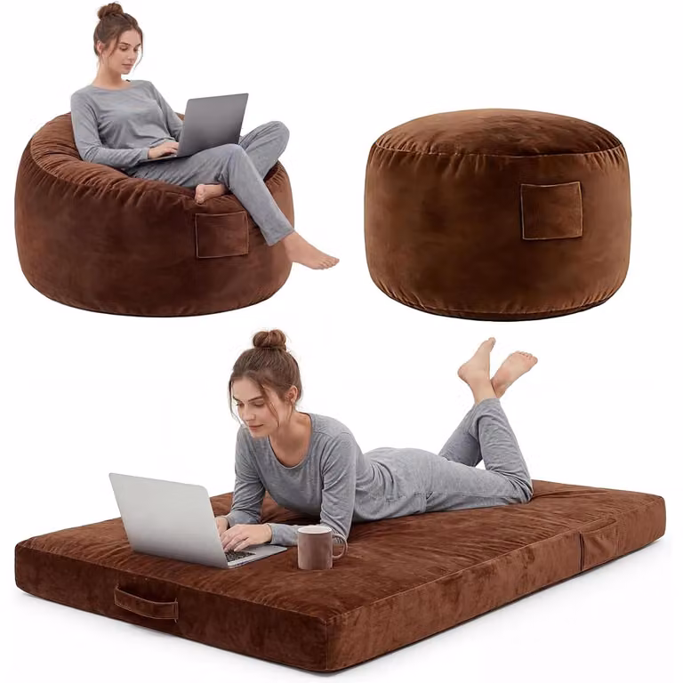 Pouf gigante - Divano letto - Rivestimento in flanella - Schiuma viscoelastica ad alta densità - Copertura rimovibile - Divano da terra - Marrone