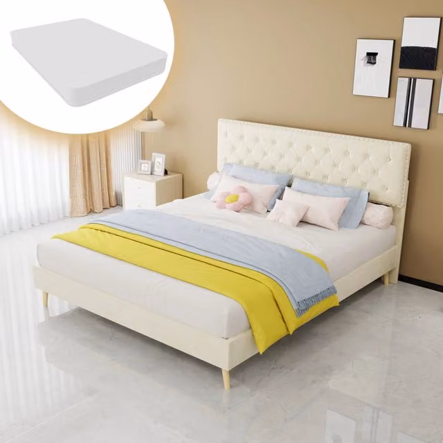 Letto imbottito matrimoniale 160×200 cm con testiera alta e spazio sottoletto, materasso incluso, tessuto beige