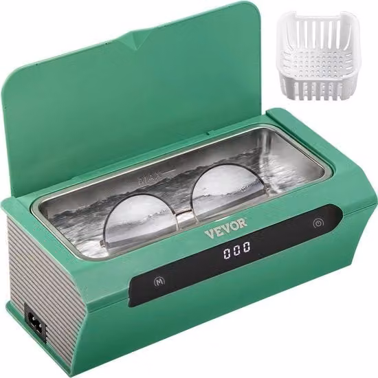 Pulitore Ultrasonico Vevor da 500ml in Acciaio Inossidabile 304 e Plastica ABS Verde con 4 Cicli di Pulizia per Gioielli e Occhiali