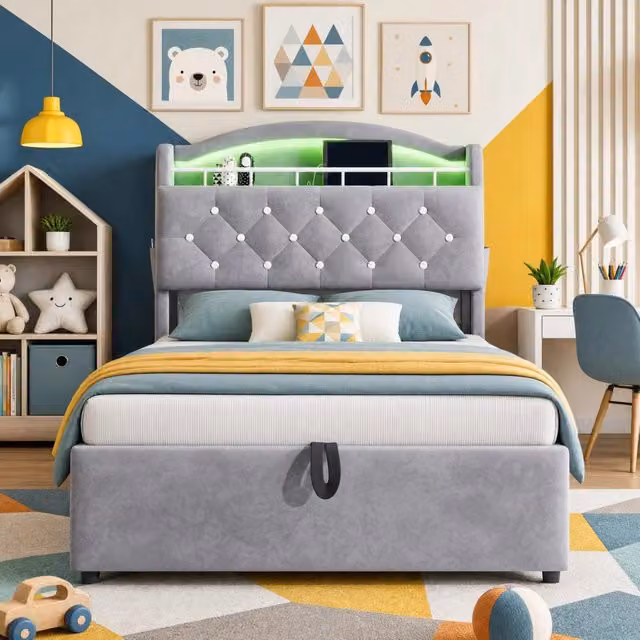 Letto singolo imbottito per bambini 90x200 cm con velluto, contenitore, LED e porte USB grigio