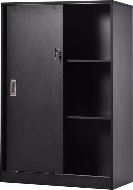 Armadio da ufficio XYLO con 2 ante scorrevoli e serratura, Nero opaco, L: 80 cm, P: 40 cm, H: 120 cm
