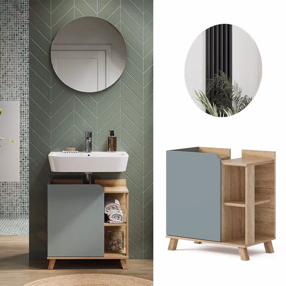Set di mobili da bagno Vicco Karen composto da mobile lavabo e pensile con specchio, colore Blu e Sonoma, design moderno, L: 60,0 cm, P: 35,0 cm, H: 65,0 cm – 2