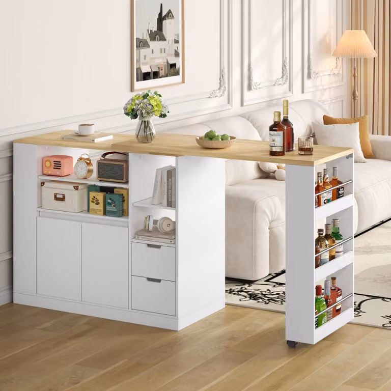 Tavolo allungabile per sala da pranzo con piano allungabile, tavolo da pranzo con ripiani su tre lati e due cassetti, tavolo da cucina, bianco