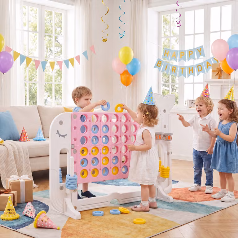 Set di giochi 4 in linea gigante Costway con altezza regolabile per bambini, colore rosa, completo di 42 pedine, pallone da basket, 2 palline, mazza da golf e 3 anelli