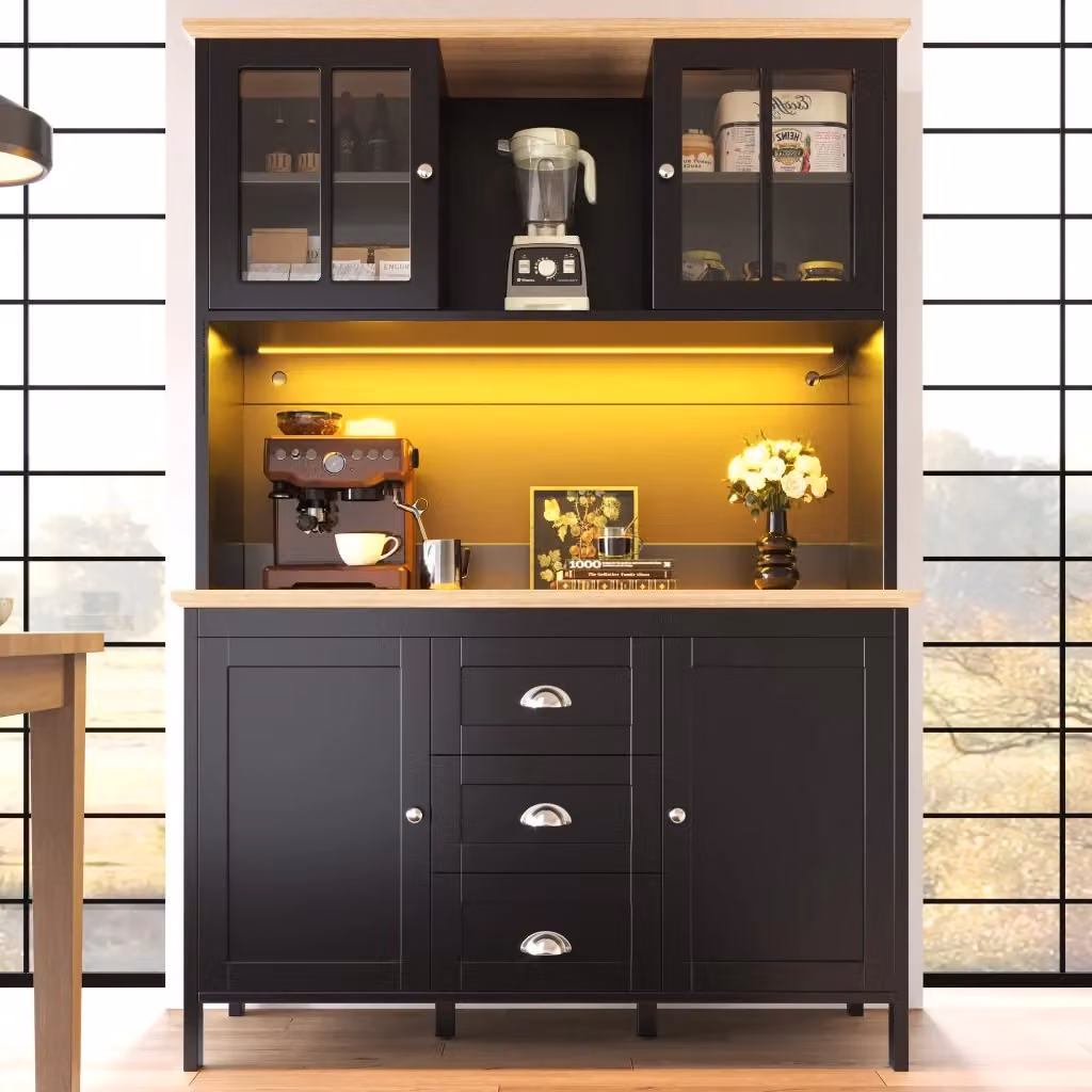 Mobile dispensa moderna in MDF nero con LED USB e controllo app, dotata di 4 ante, 3 cassetti e vano aperto, L/P/H: 120 x 40 x 179 cm – 2