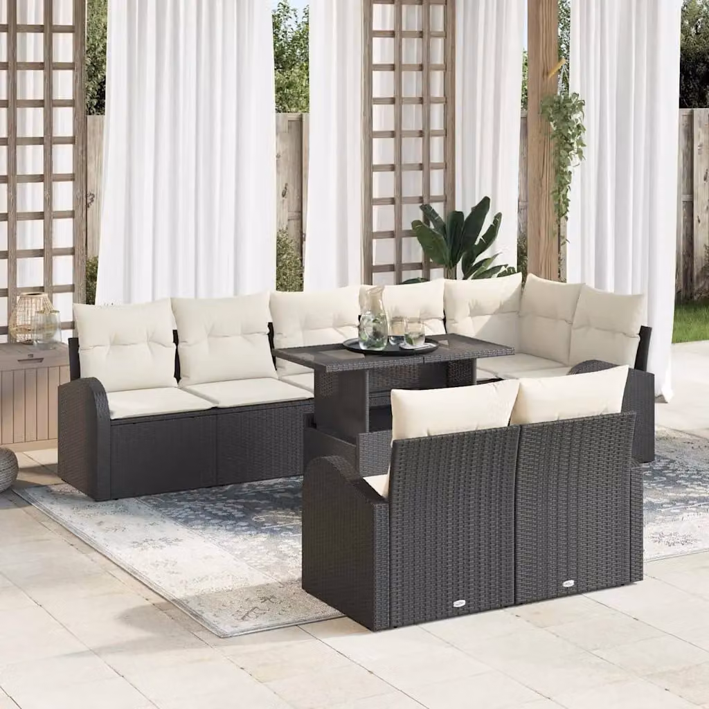 Set Divano da Giardino Moderno vidaXL 9 Pezzi Nero e Beige con Cuscini e Tavolino in Polyrattan e Acciaio – 1
