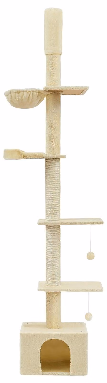 Albero per gatti, regolabile in altezza, con più livelli e una cuccia | Beige | 45x30x231-291 cm