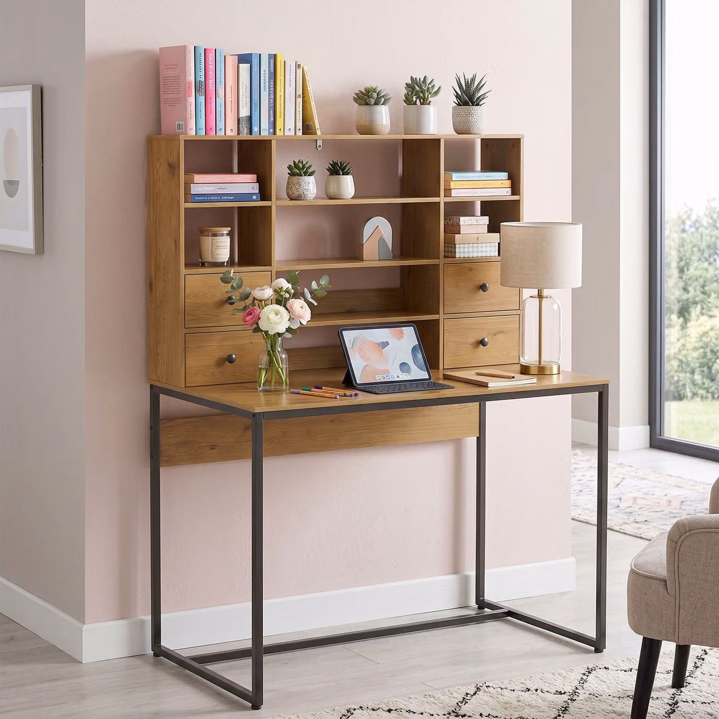 Scrivania per Computer HOMCOM con 4 Cassetti e Scaffali Aperti, Colore Marrone, L: 105 cm, P: 60 cm – 2