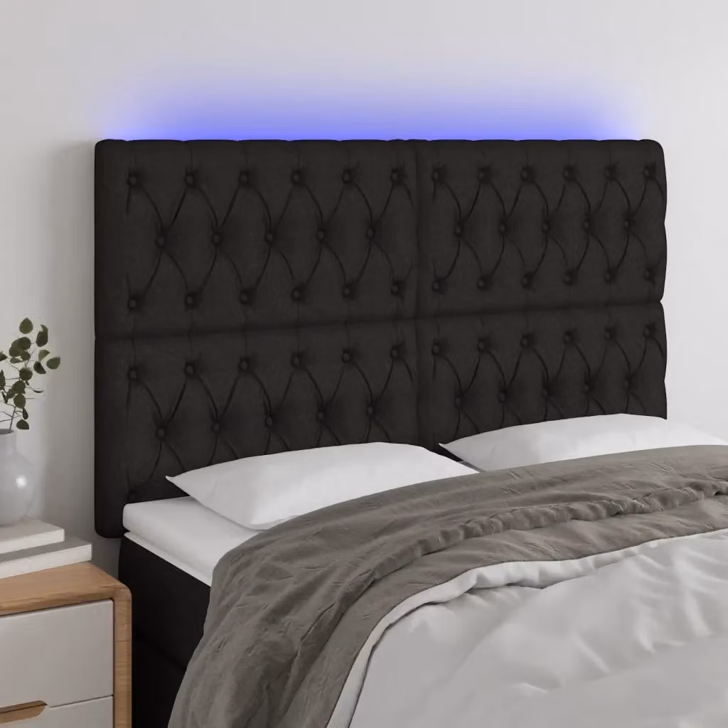 Testata del letto moderna con illuminazione LED e porta di ricarica USB in tessuto nero L: 144 cm, P: 7 cm, H: 118-128 cm – 2