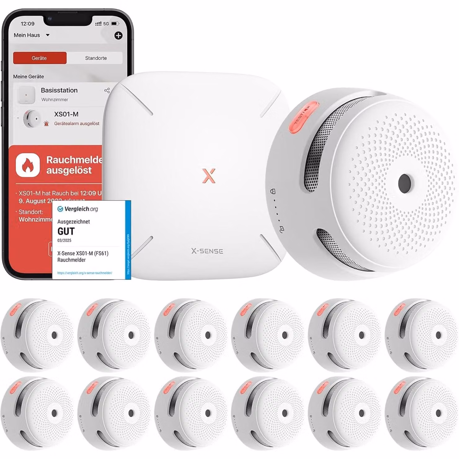 Set rilevatori di fumo intelligenti X-Sense XS01-M con stazione base SBS50, 12 rilevatori di fumo XS01-M con stazione base SBS50