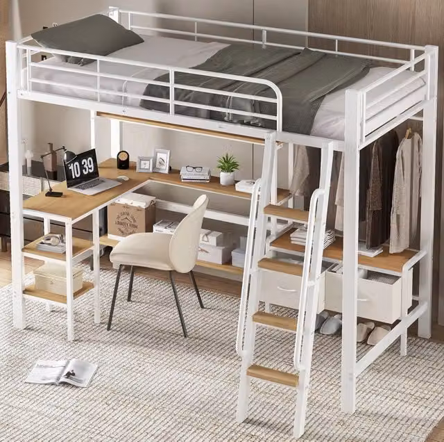 Letto a soppalco 90x200 cm con scrivania; scaffale e 2 box in tessuto; bianco e naturale