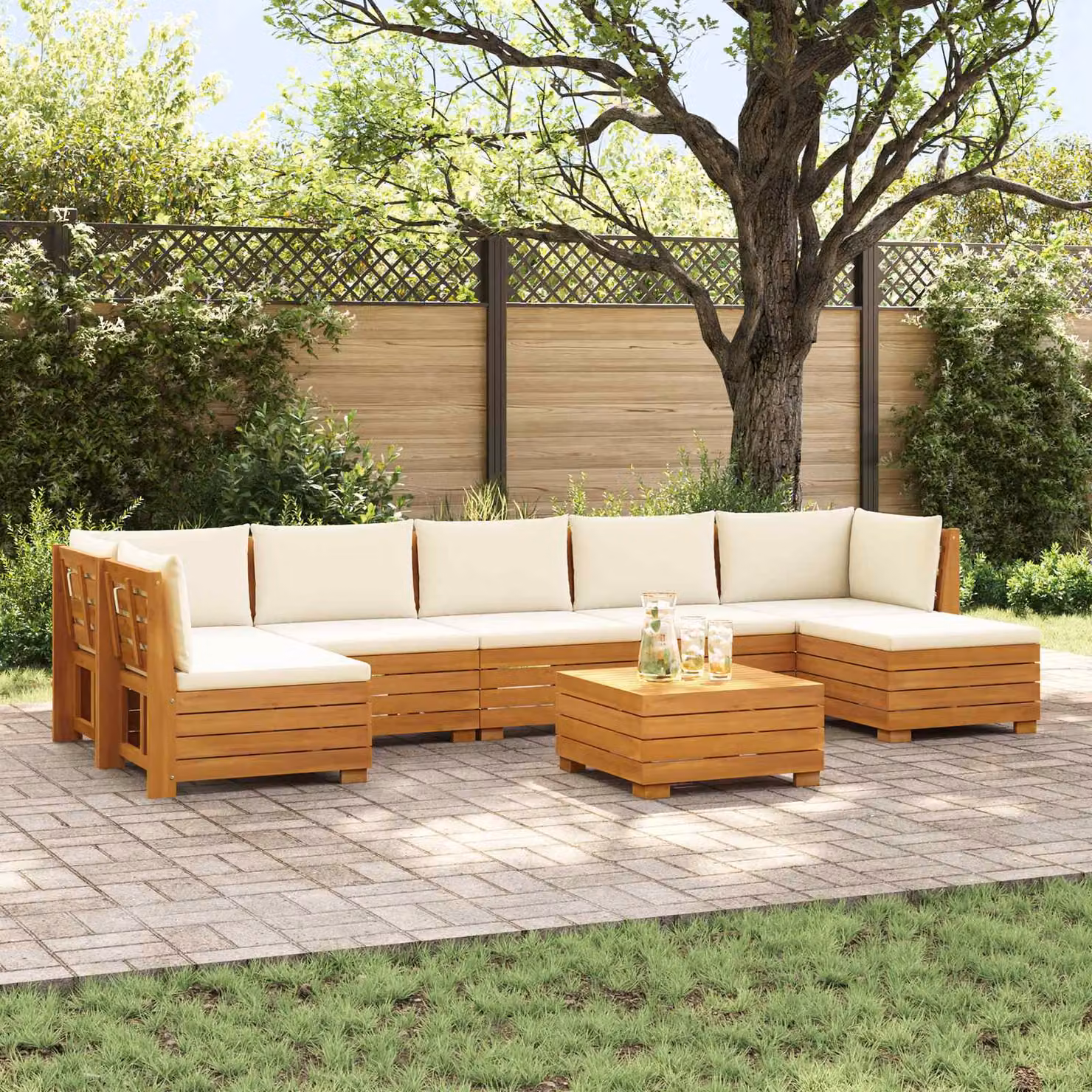 Set di 8 divani da esterno vidaXL in legno di acacia massello marrone con cuscini beige e tavolino da giardino a forma di L