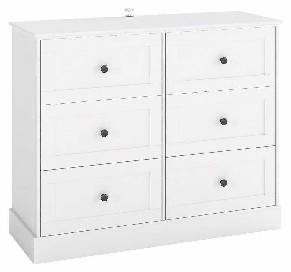 Comodino bianco con 6 cassetti, dimensioni 108 x 40 x 87 cm, con decorazioni in rilievo e maniglie in metallo nero