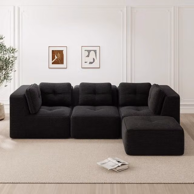 Divano angolare modulare Mivray in velluto a coste nero con seduta profonda 74 cm
