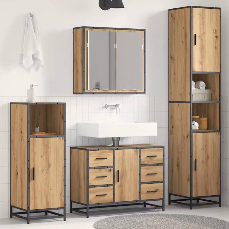 Set di mobili per il bagno moderno vidaXL in 3 pezzi color rovere con armadietto a specchio, mobile lavabo e colonna alta, L/P/H: 80.0 x 35.0 x 66.29 cm e H x L x P: 188.5 x 35.0 x 40.0 cm