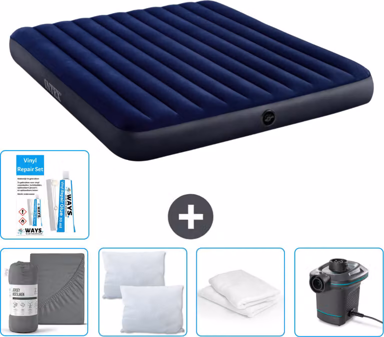 Letto gonfiabile Intex - 2 persone - 183 x 203 x 25 cm - blu - lenzuolo incluso - bacio - pompa - set di riparazione e protezione per cuscini