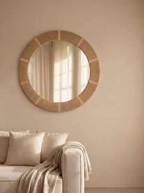 Specchio rotondo in rattan Kenay Home, marrone e beige, Diametro: 90 cm