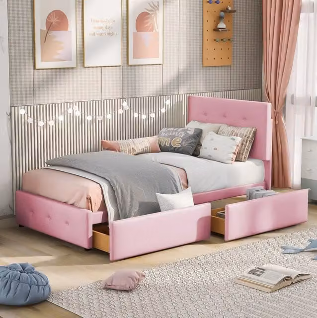Letto 90x200 cm rosa - 2 cassetti e testiera, senza materasso