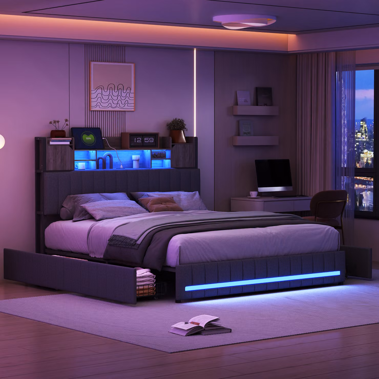 CDGlobal letto imbottito 140x200cm con USB, Type-C e LED, letto contenitore letto giovanile con 4 cassetti, letto matrimoniale con rete a doghe, letto funzionale, biancheria, grigio