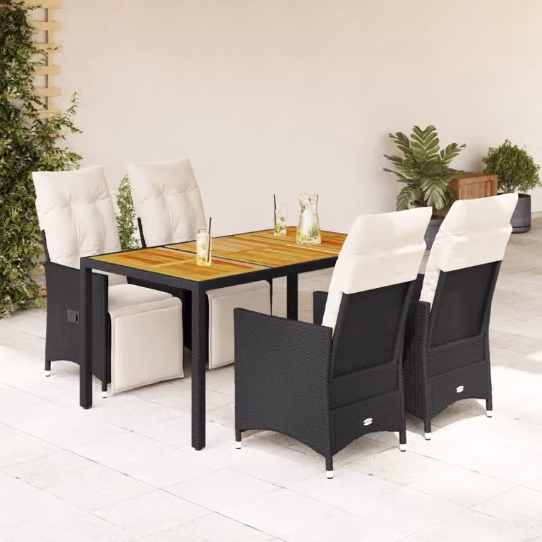 Set da pranzo da giardino vidaXL in legno di acacia oliato e polyrattan con 5 pezzi, nero e bianco