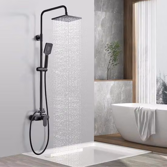 Set doccia Ibenzoa® nero con soffione a pioggia regolabile Ø380 mm e doccetta, soffione a pioggia in acciaio inossidabile, doccetta in plastica, miscelatore in Vetroceramica