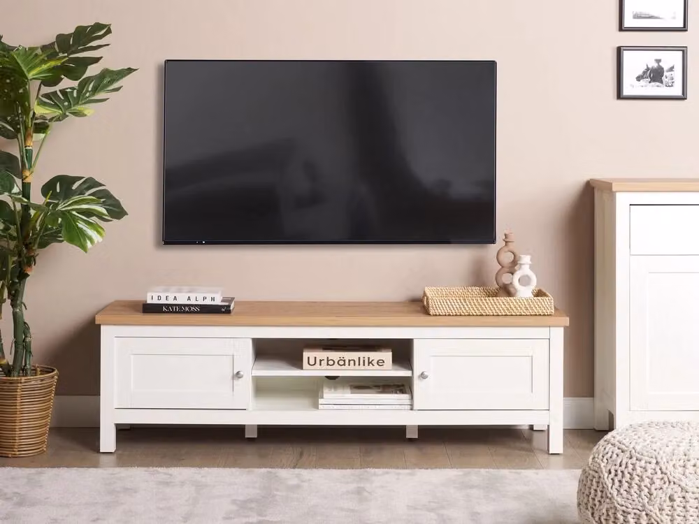 Mobile TV Beliani in stile scandinavo bianco con ripiani in legno, L: 140 cm, P: 39 cm, H: 41 cm – 2