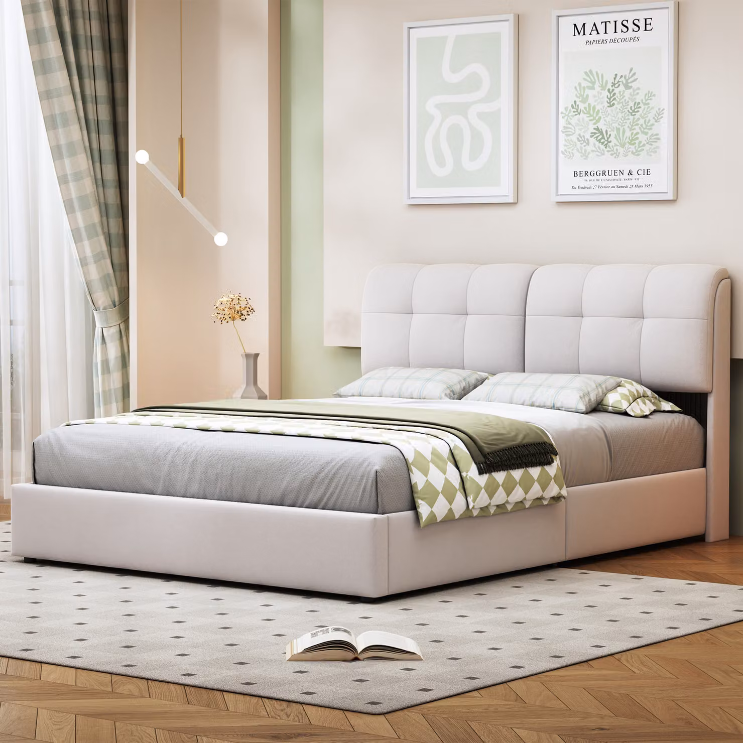 letto 140x200 con rete LED, letto matrimoniale con rete a doghe e giroletto, velluto, bianco