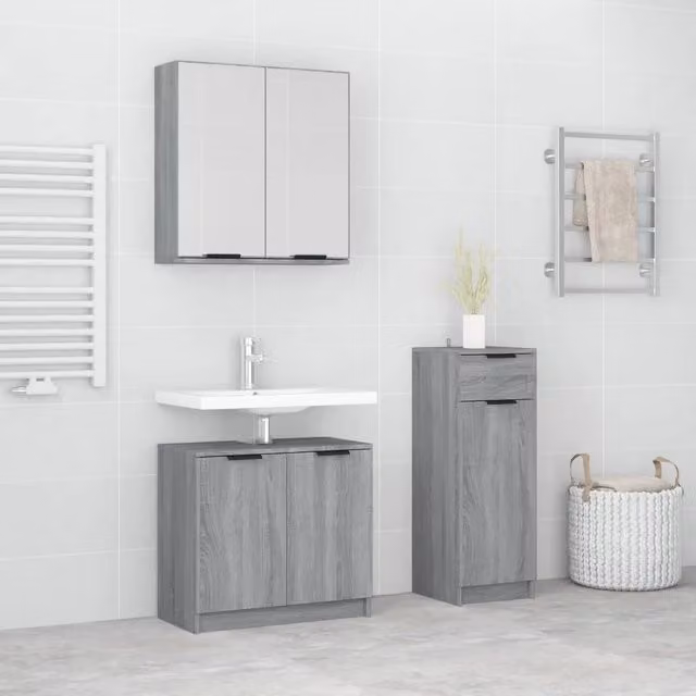 Set di mobili da bagno moderno vidaXL in legno grigio composto da 3 pezzi con armadio alto, armadio laterale e pensile con specchio