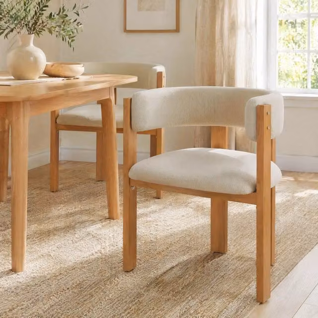 Sedia da pranzo con schienale ergonomico e seduta imbottita, gambe effetto legno in flanella beige e naturale