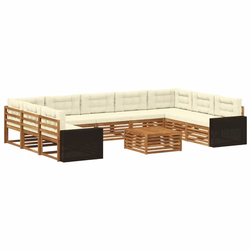 Set di divani da esterno a L con tavolo da caffè vidaXL in legno di acacia, colore beige e bianco, composto da 10 pezzi con cuscini inclusi – 2