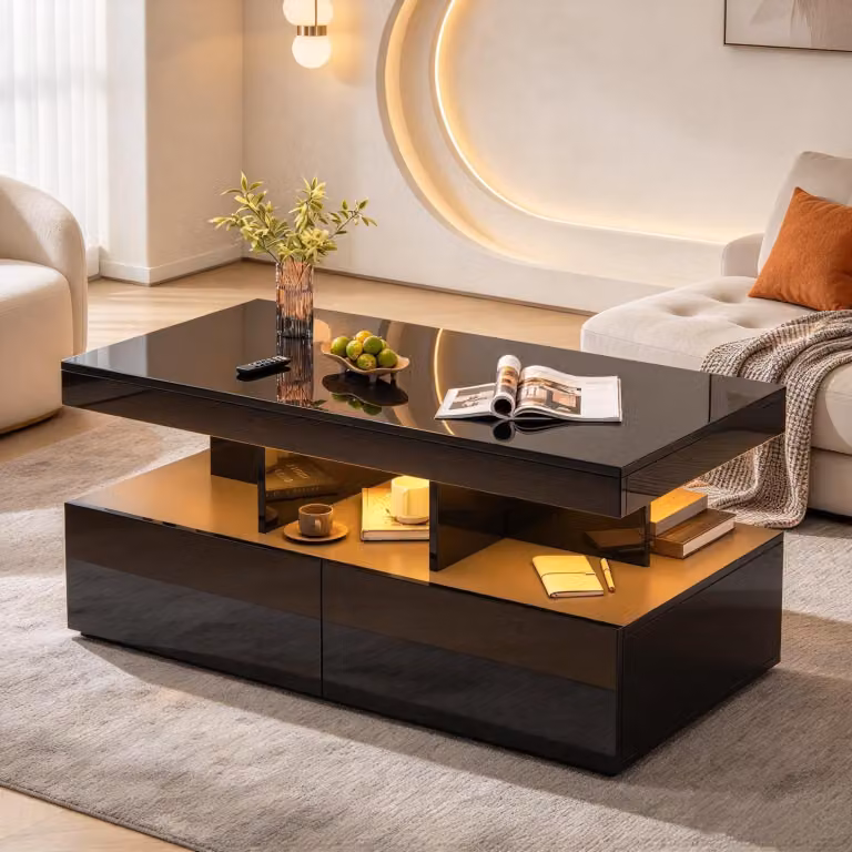 Tavolino da divano INONEFT con illuminazione LED, tavolino da soggiorno con 2 cassetti, tavolino da divano lucido con spazio aperto per riporre oggetti, colore nero