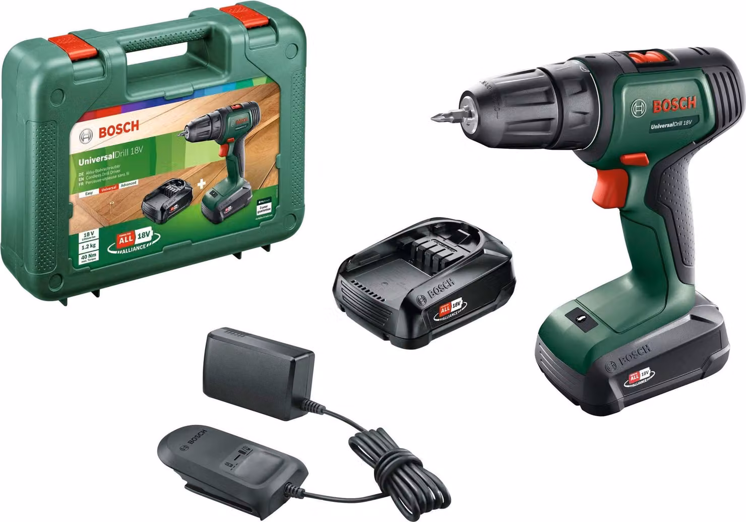 Bosch Cordless Drill Driver - UniversalDrill 18 (Supplied with 2 x 18V-1.5Ah batteries + charger + carrying case)