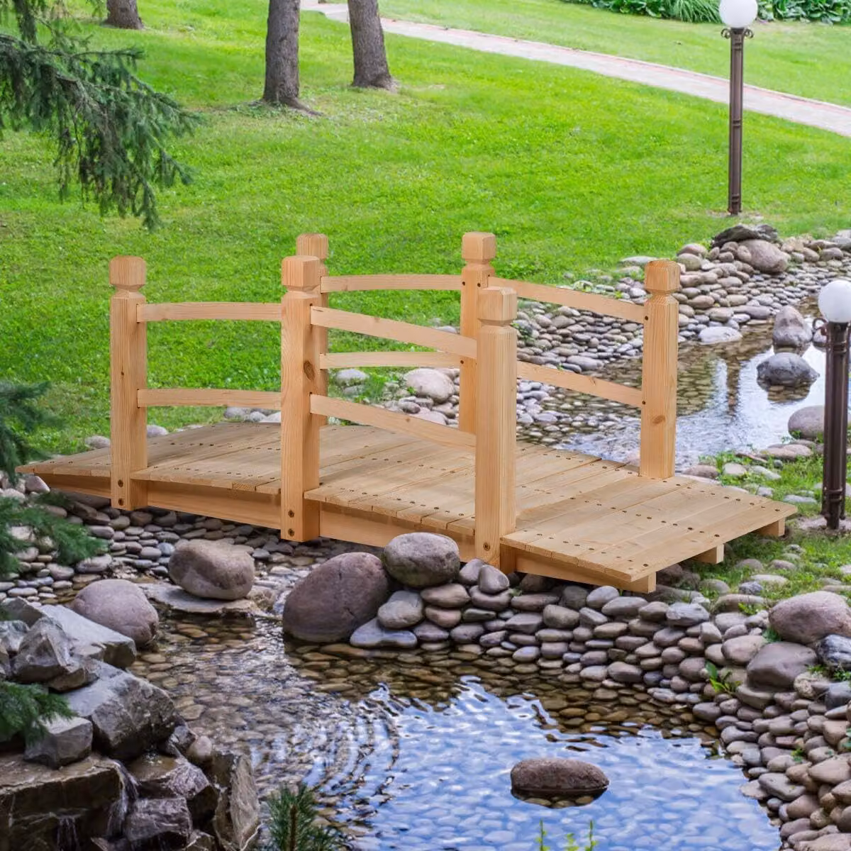 COSTWAY Ponte in legno Ponte in legno con ringhiera passerella in legno naturale 150x67x55