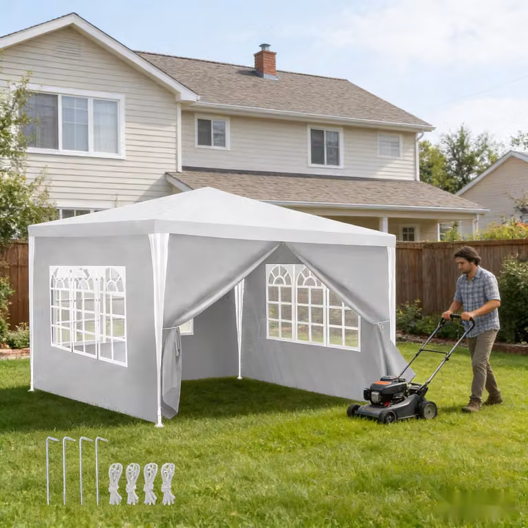 Tenda da giardino 3x3 metri, impermeabile, per feste, con finestre, realizzata in telo in polietilene, ideale per giardino, terrazzo, compleanni, colore bianco