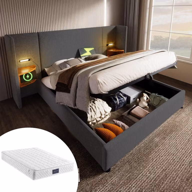 Letto imbottito matrimoniale 160×200 con comodino, lampada da lettura e USB Type-C, sistema letto contenitore, grigio, linoCon materasso