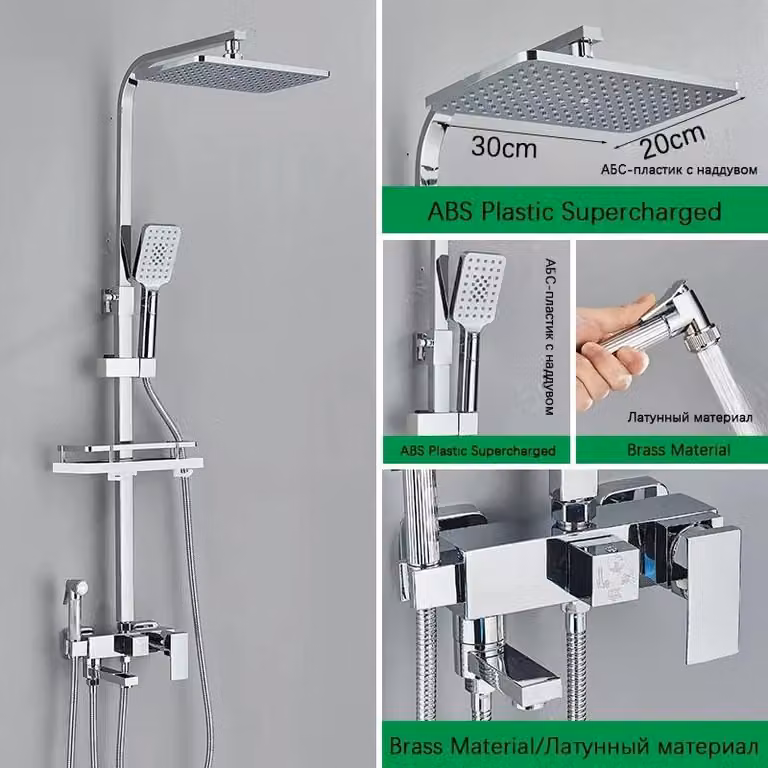 Sistema doccia per vasca da bagno - Miscelatore doccia a 4 vie - Doccia a pioggia con soffione e getto manuale e scarico per vasca - Bocchetta di scarico orientabile e allungabile - Miscelatore monocomando per acqua calda/fredda - Cromato