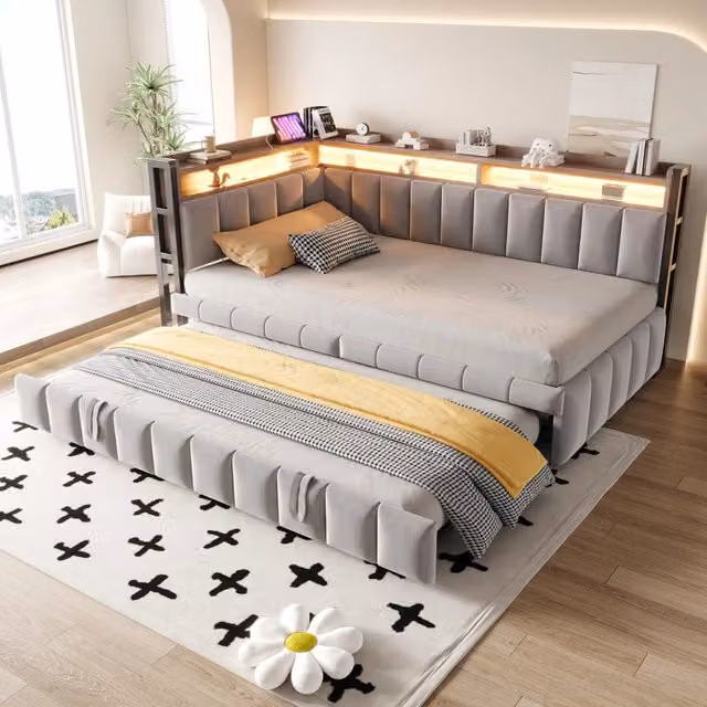 Letto divano singolo estraibile 90×200 e 90×190 cm con LED, USB, Type-C e mensole, senza materasso, grigio chiaro