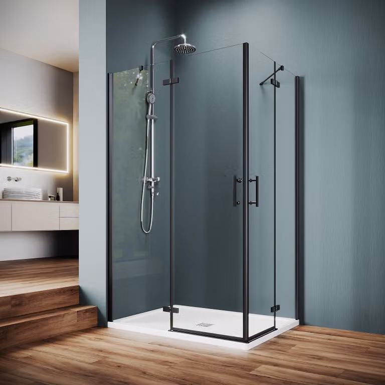 Cabina doccia angolare, accesso laterale, 90x120 cm, porta a battente in vetro temperato di 6 mm, finitura nero opaco