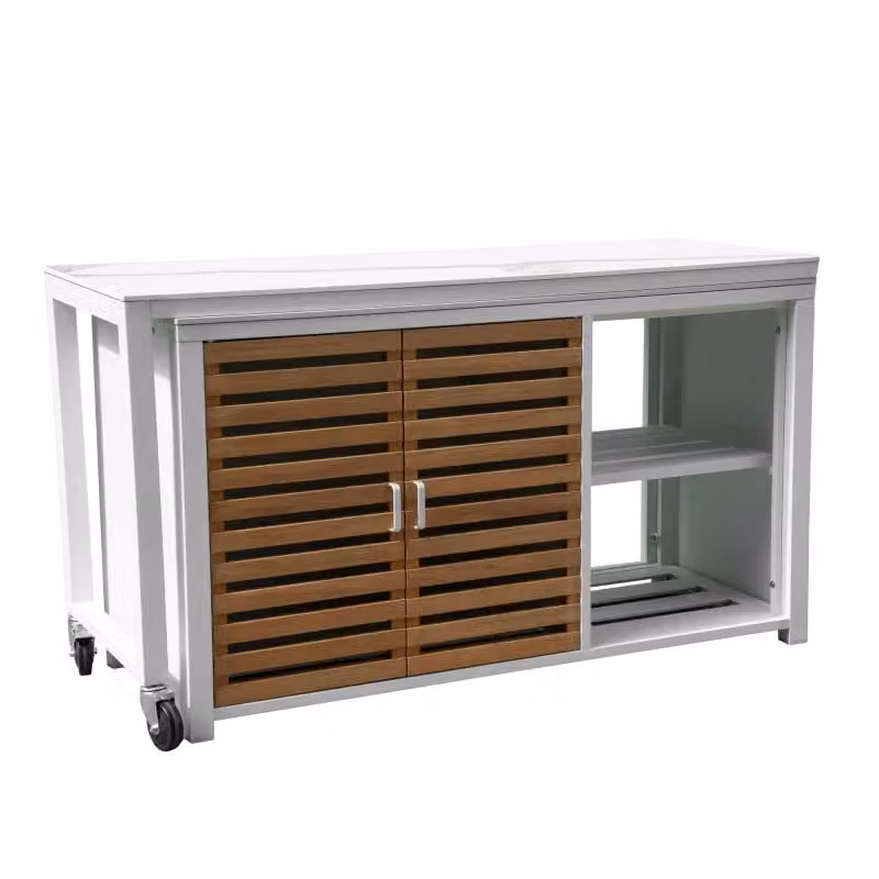 Mobile da giardino Vacchetti Idaho in alluminio bianco con ante in teak e top in pietra sinterizzata L: 160 cm, P: 60 cm, H: 90 cm – 2