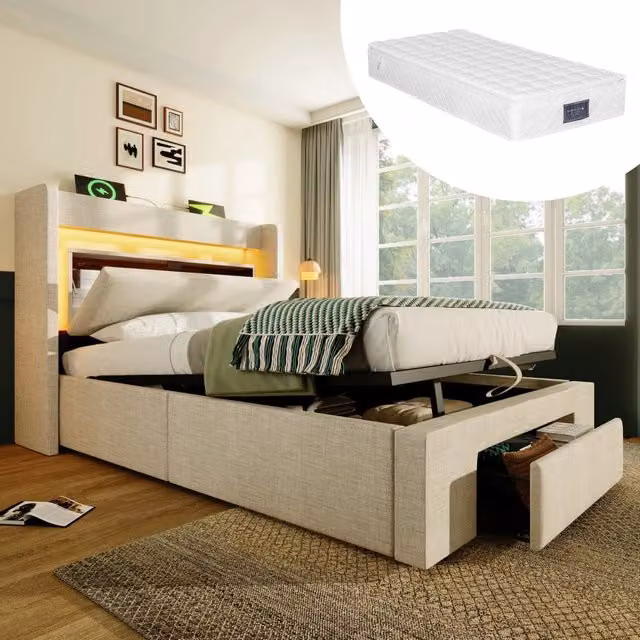 Letto singolo 90 × 200 cm 1 posto con vano idraulico, cassetto, LED, USB e porta tipo C, materasso incluso beige