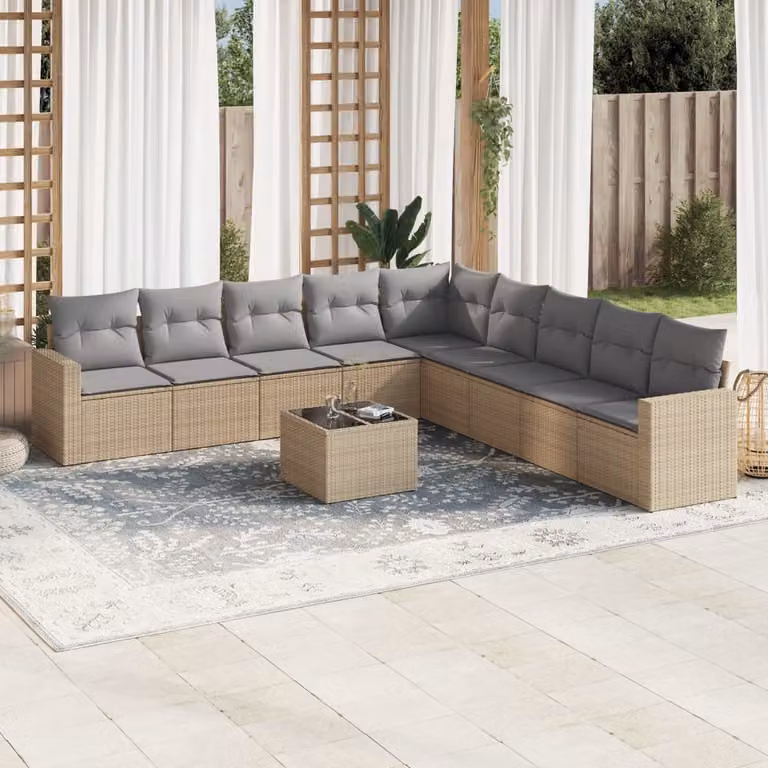 vidaXL Set Divano da Giardino a L 10 pz con Tavolino in Vetro e Cuscini Beige in Polyrattan e Acciaio